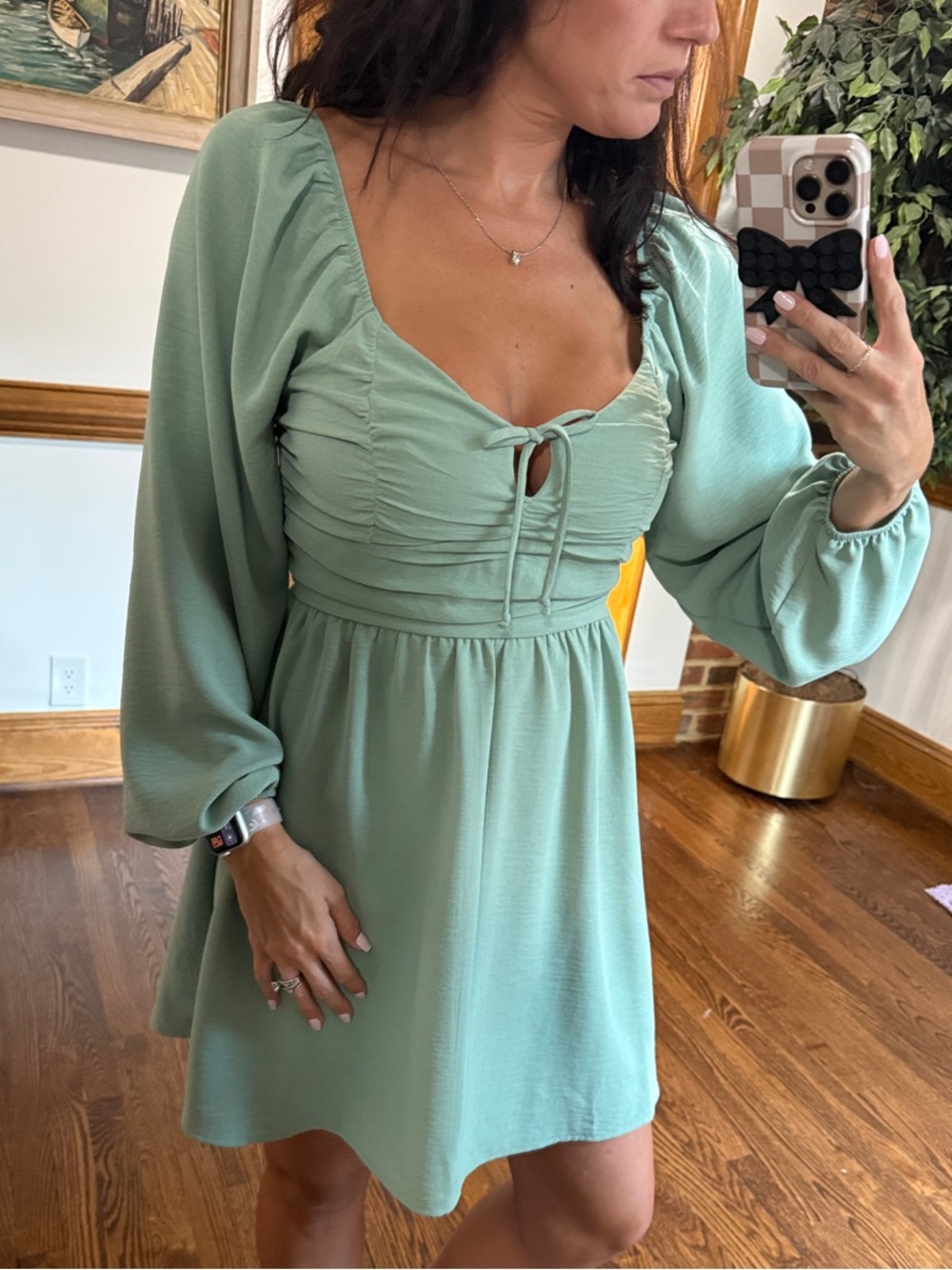 Altar'd State Sage Green Ruched Tie-Front Mini Dress